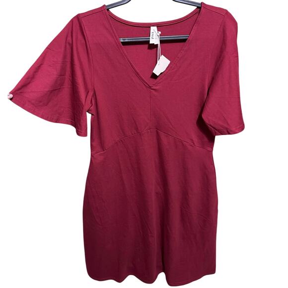 Pact NWT Fit And Flare Easy Dress V Neck Mini Cotton Burgundy Red Size Small - Picture 2 of 12